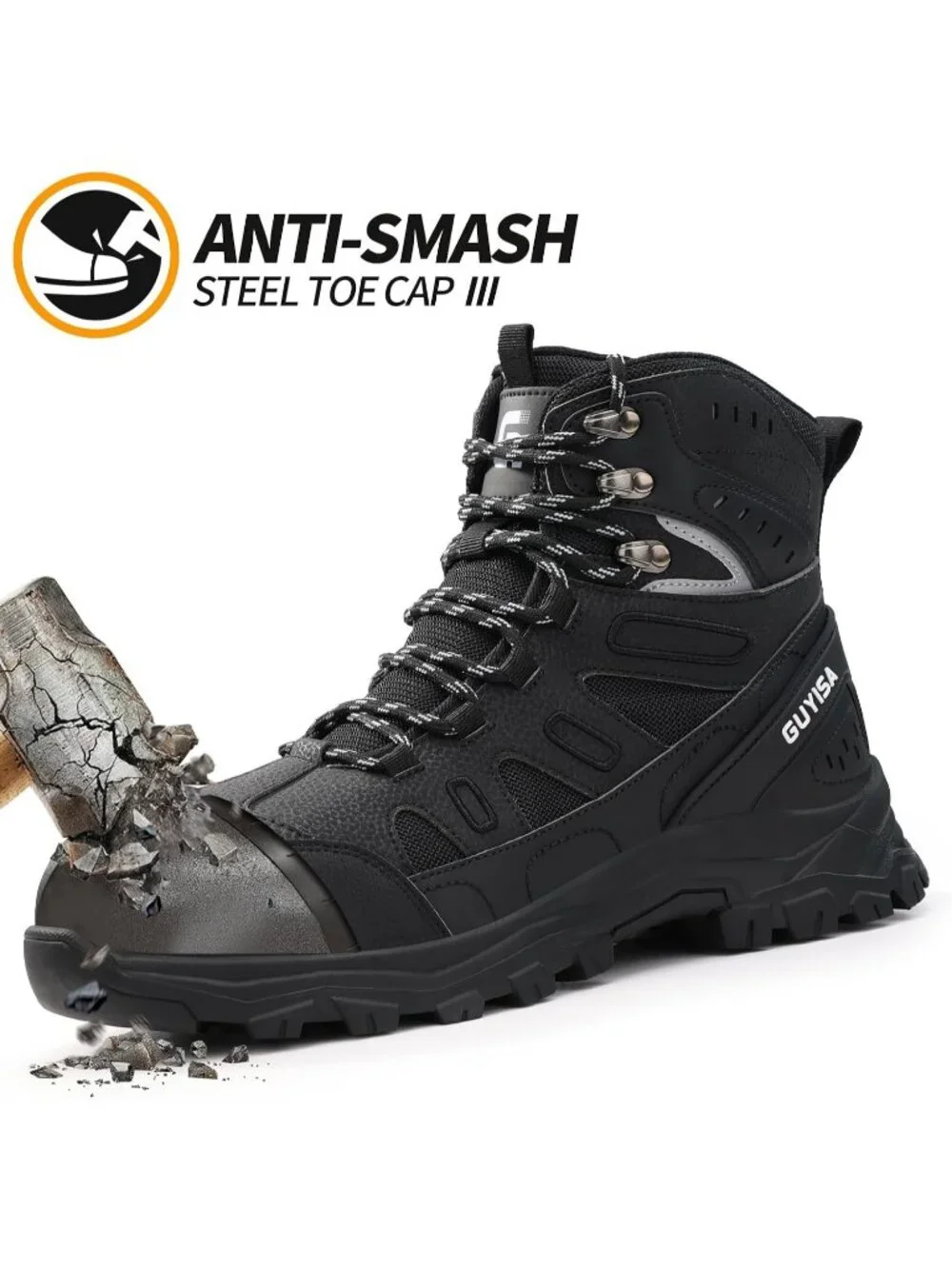 Men's Black Breathable Shoes Casual High Top Steel Toe Non Slip Hiking Boots